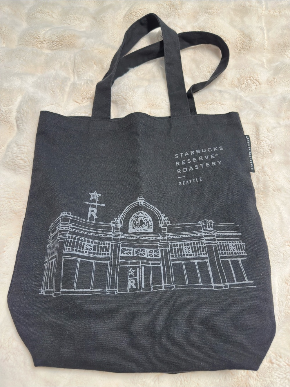 Starbucks Black Canvas Tote with White Seattle Roastery Sketch